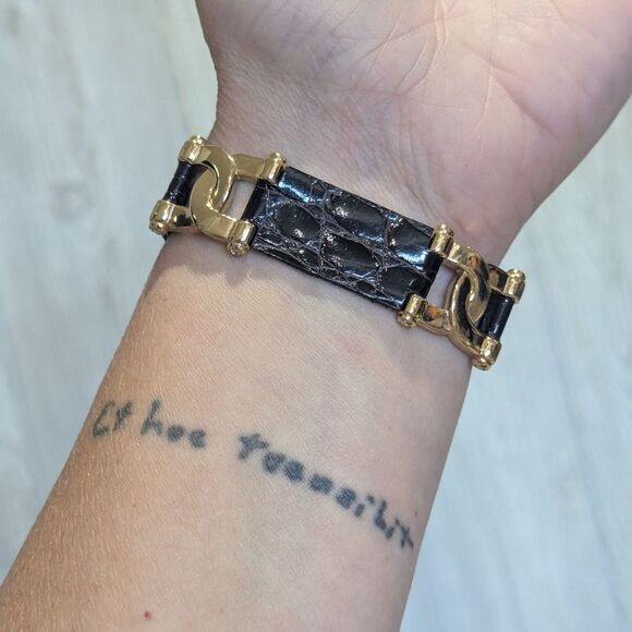 Vintage Burberry Black Leather Silver and Gold Link Bracelet Stamped - Picture 15 of 15